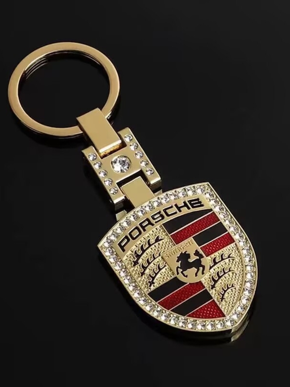 Goldtone Porsche Crest Keychain with Crystals